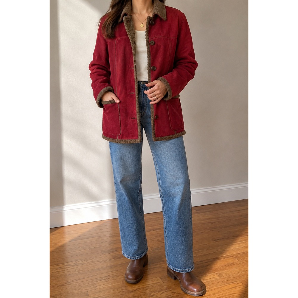 Vintage LL Bean Faux Suede Shearling Lined Jacket Women XL Red Cabin Coat Cozy